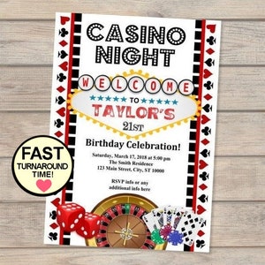 Casino Night Birthday Invitation, Vegas Theme Invitation, Casino Party Invitation, 21st, 30th 40th, 50th, Adult Birthday Invitation