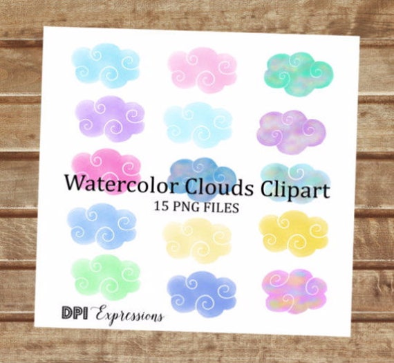15 Watercolor Clouds Clipart, Hand Painted Hearts, Transparent Background Whimsical Clouds Clip Art, INSTANT DOWNLOAD Il_570xn