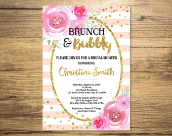 Brunch und Sekt Brautdusche Einladung, Aquarell Blumen & Gold (Digital) Glitter Brautdusche Einladungen Streifen