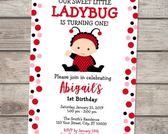 Little Ladybug 1st Birthday Party Invitation, Custom Baby Lady Bug Invite,  Polka Dots Ladybug Invitation, Red Ladybug Girl Party Invitation