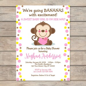 Mod Monkey Baby Shower Invitation, Baby Girl Monkey Baby Shower Invites, Pink Polka Dots, Pink Mod Monkey Invitation For Baby Girl