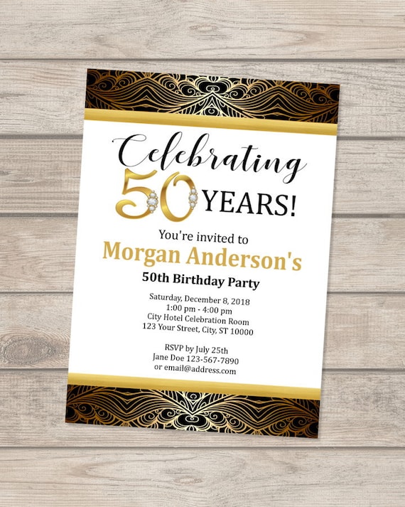 50th Birthday Invitation, 30th, 40th Birthday Invitation, Black And Gold 50th Birthday Invitation, Golden Birthday Invite Digital or Printed Il_570xn