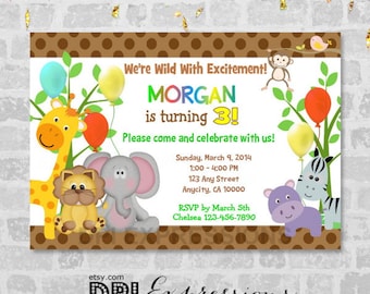 Jungle Birthday Invitation, Safari Birthday Party Invitation, jungle Animals Invitation, Giraffe Lion Elephant Safari Party Invitation,