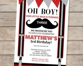 Mustache Birthday Invitations, Oh Boy! Little Man Invitations, Mustache Bash Party Invites, Little Man Party Invitations, Red Black Gray