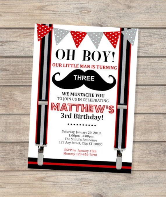 Mustache Birthday Invitations, Oh Boy! Little Man Invitations, Mustache Bash Party Invites, Little Man Party Invitations, Red Black Gray Il_570xn