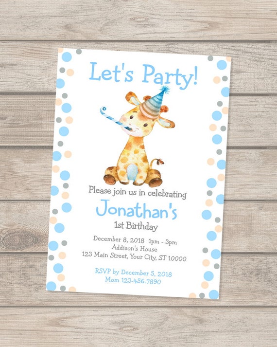 Giraffe Birthday Invitation, Boy Giraffe 1st Birthday Invitation, Blue and Gray Polka Dots Invitation, Giraffe Theme Birthday Party Invite Il_570xn