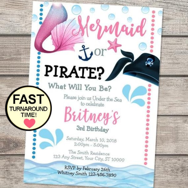 Mermaid And Or Pirate Birthday Party Invitation, Under The Sea Birthday Invite, Custom Nautical Mermaid Pirate Invitation Digital Or Printed