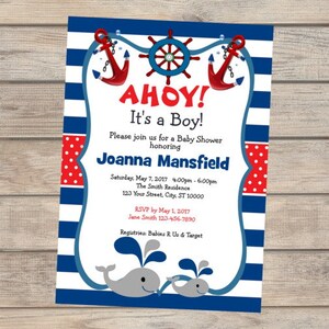 Nautical Baby Shower Invitation, Mom And Baby Boy Whate Invitation, Navy Stripes Nautical Baby Shower Invitation For Boy, Baby Whale Invite image 1