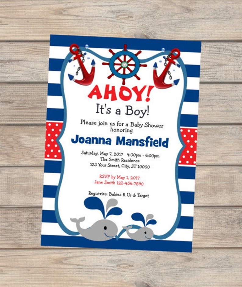 Nautical Baby Shower Invitation, Mom And Baby Boy Whate Invitation, Navy Stripes Nautical Baby Shower Invitation For Boy, Baby Whale Invite image 1