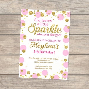 Pink And Gold Sparkle Birthday Invitation, She Leaves A Little Sparkle Birthday Invitation, Pin & Gold Glitter Effect Polka Dots Invitation image 1