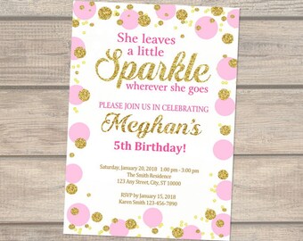 Pink And Gold Sparkle Birthday Invitation, She Leaves A Little Sparkle Birthday Invitation, Pin & Gold Glitter Effect Polka Dots Invitation