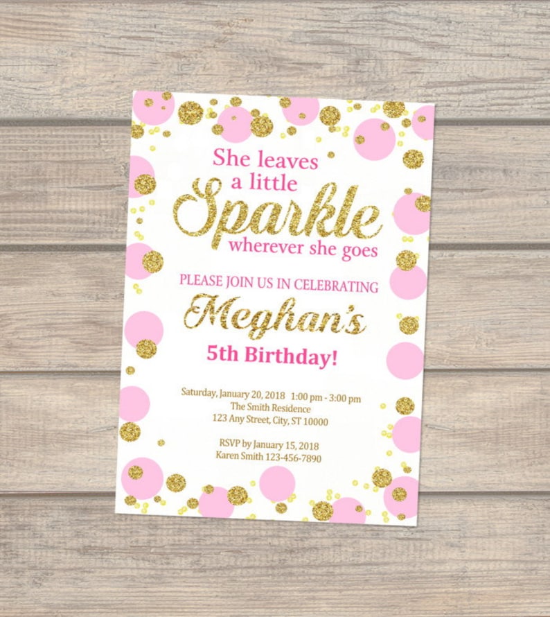 Pink And Gold Sparkle Birthday Invitation, She Leaves A Little Sparkle Birthday Invitation, Pin & Gold Glitter Effect Polka Dots Invitation image 1