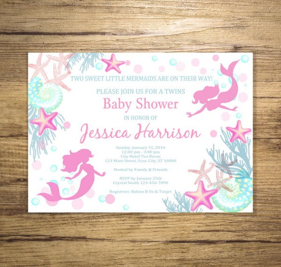 Mermaid Twins Baby Shower Invitation Twin Girls Mermaid Under The Sea 