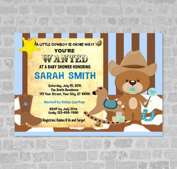 Cowboy Baby Shower Invitation, Western Cowboy, Wanted Poster, Teddy Bear Baby Shower Invitation, Digital or Printed Il_570xn