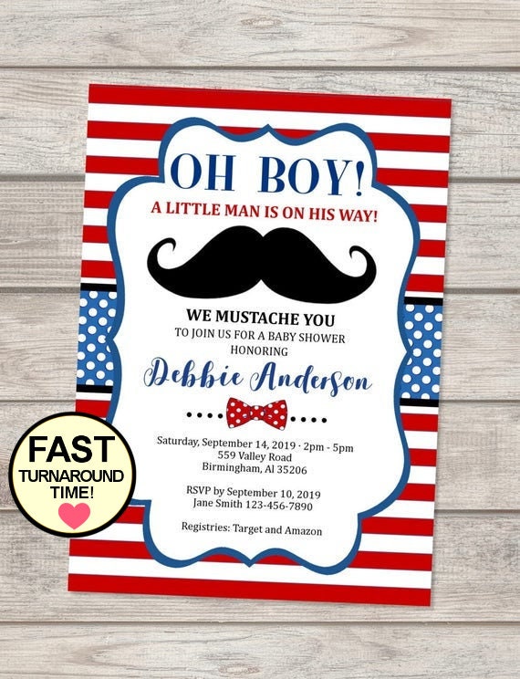 Mustache Baby Shower Invitation, Red Navy Black Oh Boy! Little Man Red Bowtie Shower Invite For Baby Boy, Mustache Bash Baby Shower Invite Il_570xn