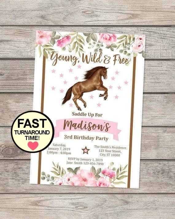 Horse Birthday Party Invitation Boho Flowers Young Wild Free Etsy