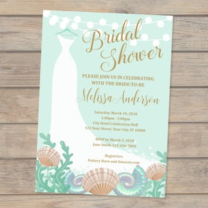 Beach Bridal Shower Invitation, Wedding Dress Beach Bridal Shower Invitation, Sea Shells Invitation, Beach Theme Bridal Shower Invite