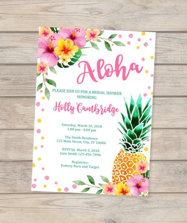 Tropical Bridal Shower Invitation, Luau Pineapple Bridal Shower Invitation, Hibiscus Bridal Shower Invitation, Hawaiina Shower Invitation image 1