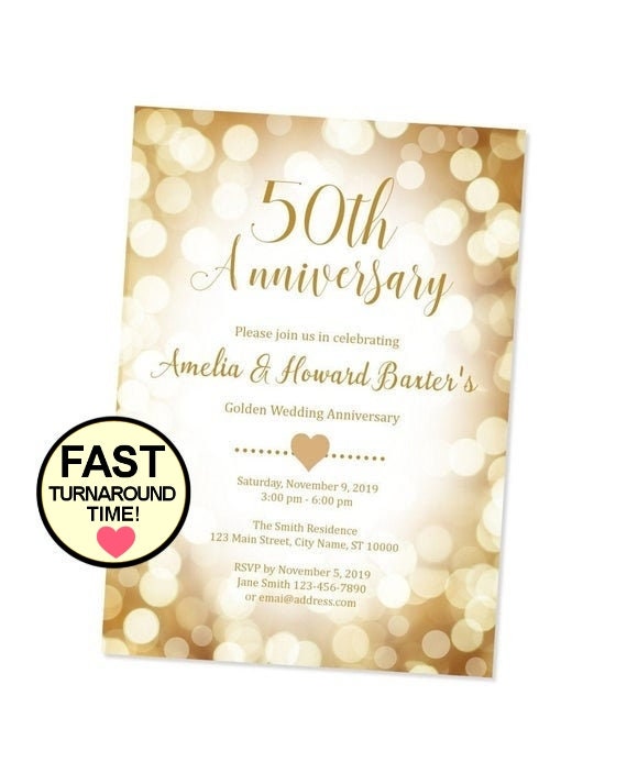 Golden 50th Wedding Anniversary Invitation, Gold Bokeh 50th Anniversary Invitation, Custom Personalized Gold Sparkle Anniversary Invite Il_570xn