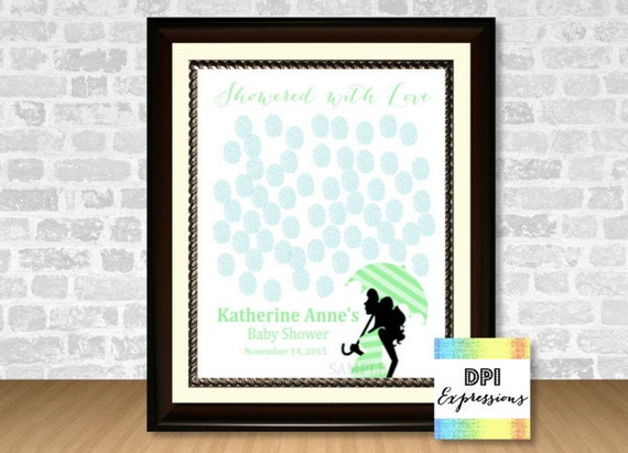Baby Shower Fingerprints Umbrella Guest Book, Custom Green Gender Neutral Baby Shower Thumbprints Nursery Keepsake, Digital File Il_570xn