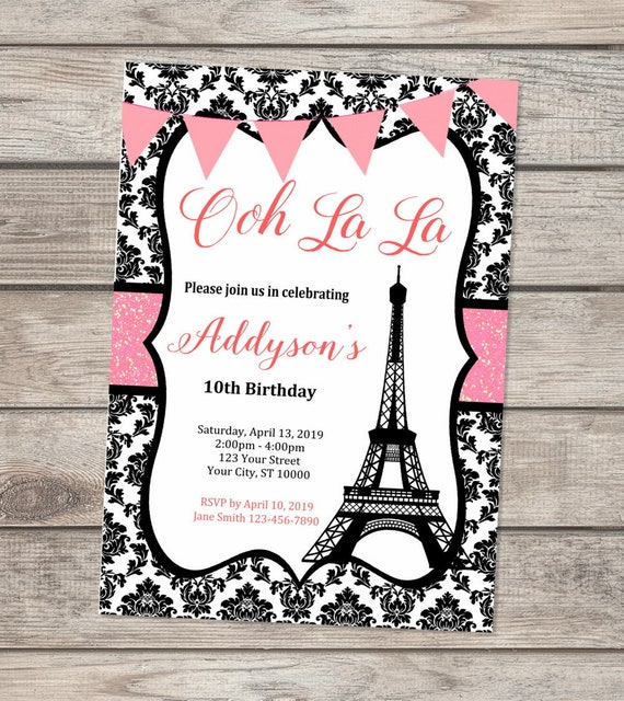 Paris Birthday Invitation, Eiffel Tower Invitation, French Theme Ooh La La, Parisian Black & White Damask Floral Birthday Party Invitation Il_570xn