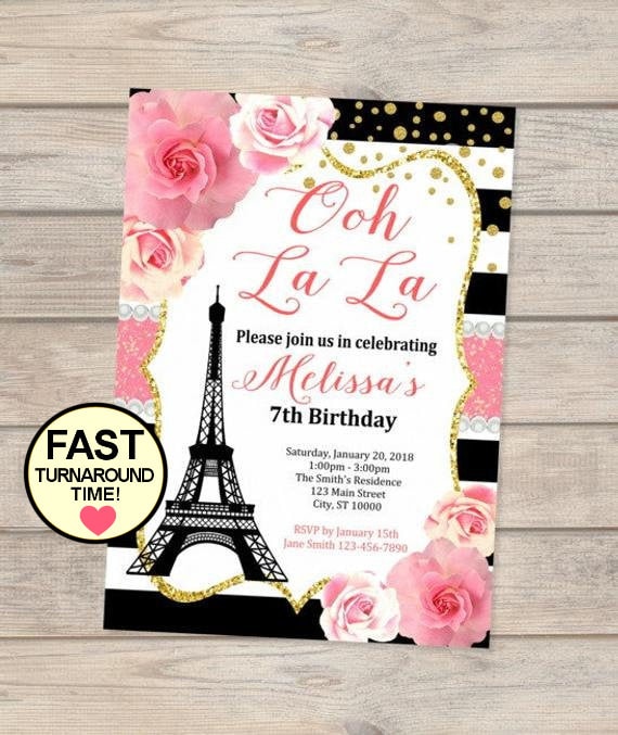 Paris Birthday Invitation, Eiffel Tower Invitation, French Theme Birthday Party Invitation, Ooh La La Invitation, Black White Stripes Floral Il_570xn