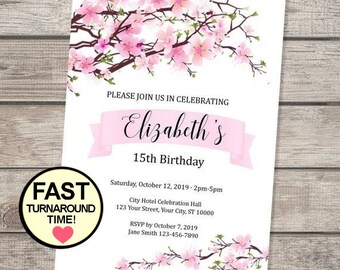 Cherry Blossoms Birthday Invitation, Pink Cherry Blossoms Party Invitation, Cherry Blossom Flowers  Invitation Custom Cherry Blossom Invites