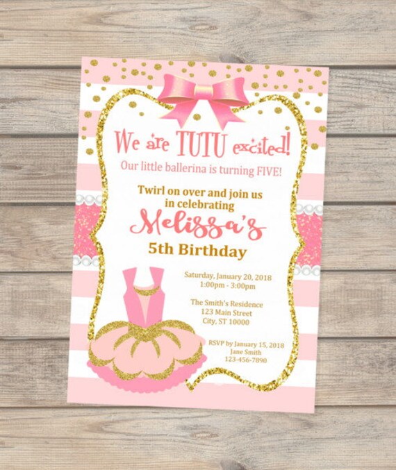 Ballerina Birthday Invitation, Pink Tutu Invitation, Blush Pink And Gold Ballerina Invitation, Tutu Excited, Digital or Printed Il_570xn