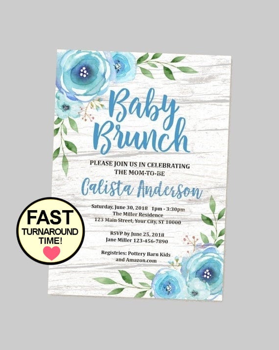rustic brunch baby shower invitation for baby boy, boho flowers blue floral  brunch for baby boy invite, boy baby brunch shower invitation