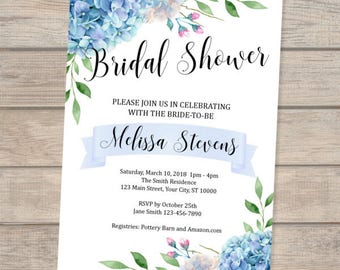 Hydrangeas Bridal Shower Invitation, Blue And Purple Hydrangeas Bridal Shower Invitation, Floral Print Invitation Blue Purple Flowers Invite