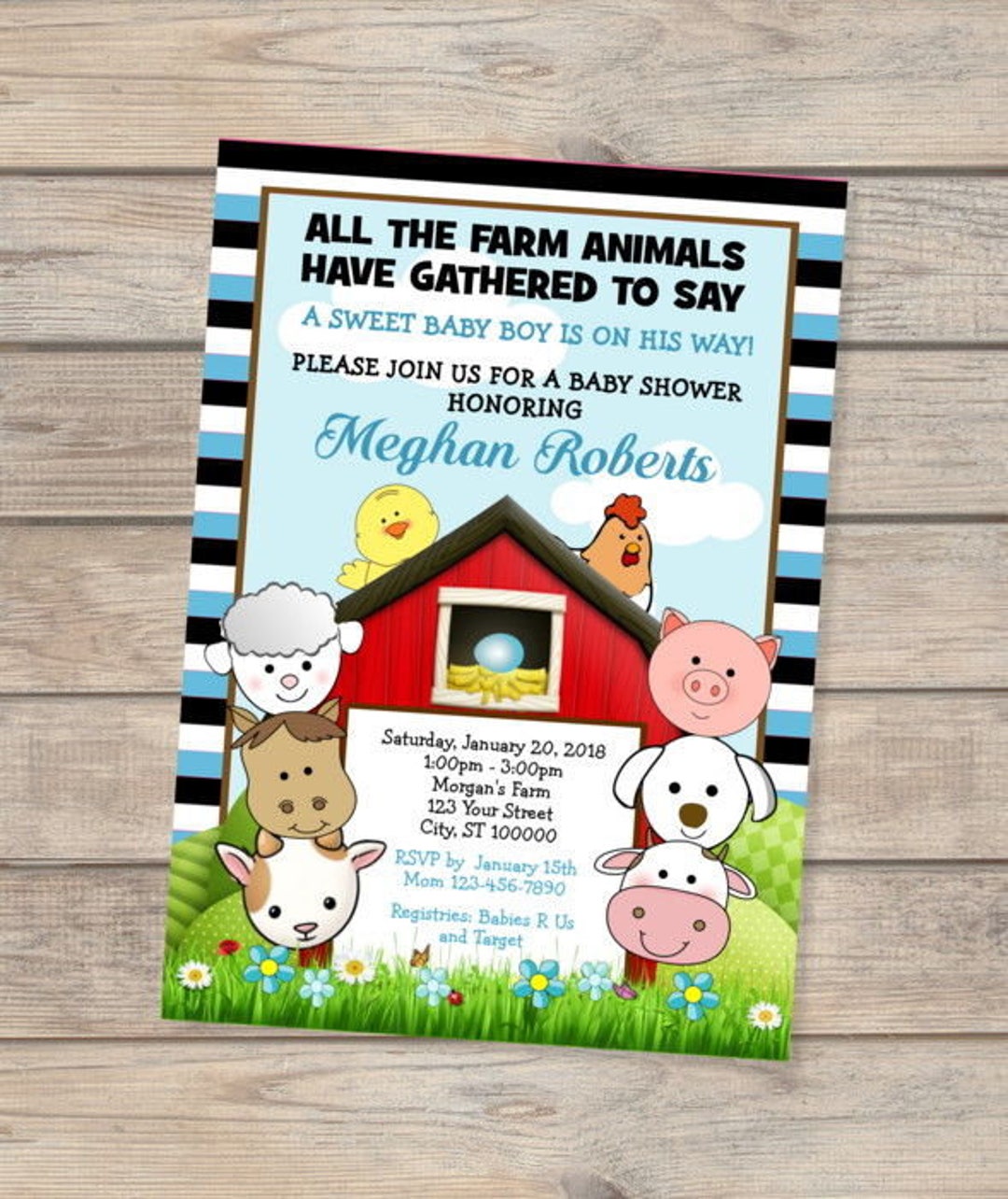Farm Animals Barnyard Baby Shower Invitation, Baby Boy Barnyard Animals