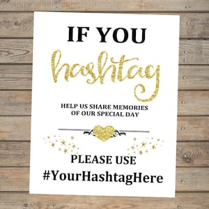 If You Hashtag Wedding Sign, Hashtag Printable Wedding Art, Gold or Silver Wedding Decor, Printable Gold Glitter Effect Hashtag Sign, DIY