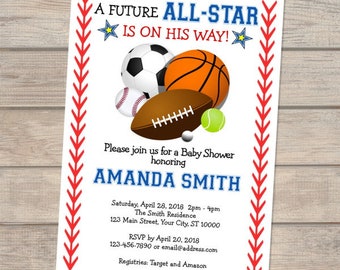 All Star Sports Boy Baby Shower Invitation, Sports Theme Baby Shower Invitation, Soccer, Basketball, Football, Baseball Invitation For Boy