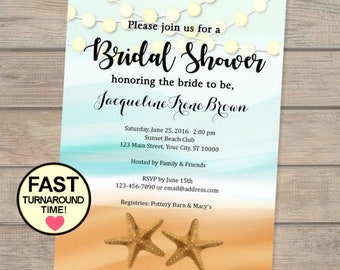 Beach Bridal Shower Invitation, Starfish and String of Lights Invitation, Ocean and Sand Bridal Shower Invite, Custom Beach Shower Invite