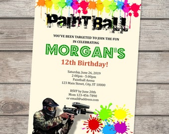 Paintball Birthday Party Invitation, Custom Paint Ball Theme Invitation, Paintball Party Invite Paint Ball Invitation, Digital or Printed