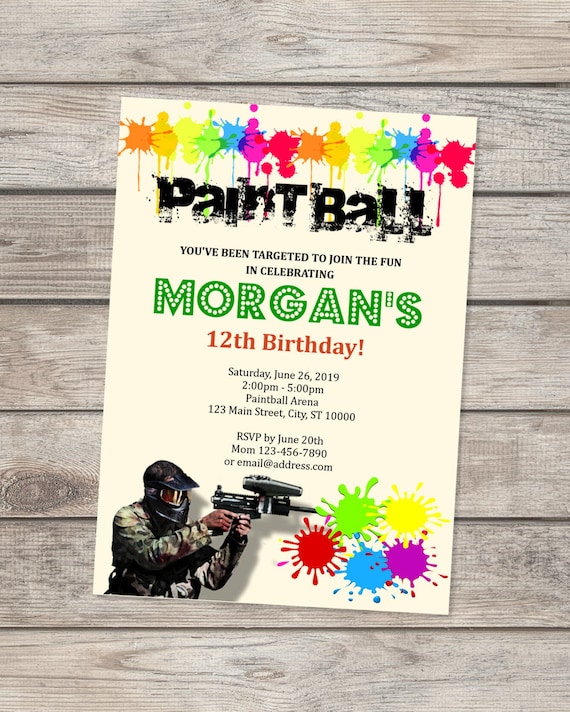 Paintball Birthday Party Invitation, Custom Paint Ball Theme Invitation, Paintball Party Invite Paint Ball Invitation, Digital or Printed Il_570xn