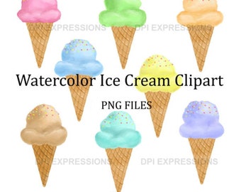 Ice Cream Clipart, Hand Painted Watercolor Ice Cream Cones, Watercolor Ice Cream Clip Art, Digital Printable INSTANT DOWNLOAD