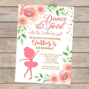 Ballerina Birthday Invitation, Pink And Gold Ballerina Birthday Party Invitation, Tutu Invite, Floral Ballerina Silhouette Invitation