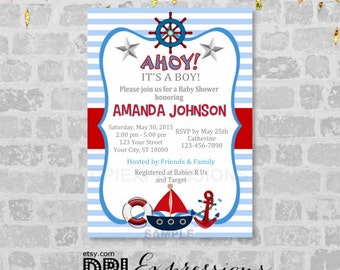 Nautical Boy Baby Shower Invitation, Printable Sail Boat, Nautical Theme Baby Shower Invitation, Blue And Red, Digital or Printed