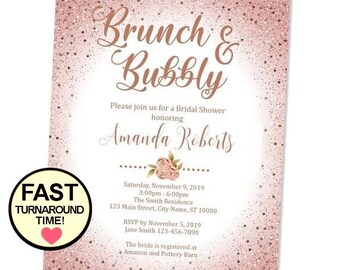 Rose Gold Confetti Brunch & Bubbly Bridal Shower Invitation, Custom Rose Gold Blush Sprinkles Wedding Shower Invite Bridal Brunch Invitation