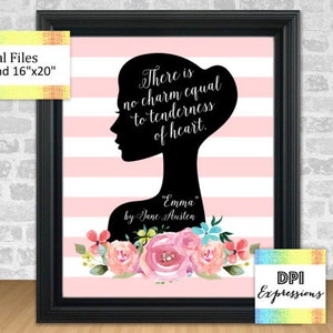 Stampa d'arte di Jane Austen citazione, non esiste uguale fascino alla tenerezza del cuore, Silhouette Wall Decor Jane Austen Wall Art, DOWNLOAD immediato