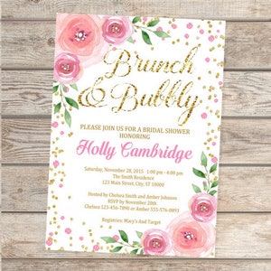 Brunch And Bubbly Bridal Shower Invitation, Watercolor Flowers And Pink And Gold Confetti Bridal Shower Invitations, Digital or Printed image 1