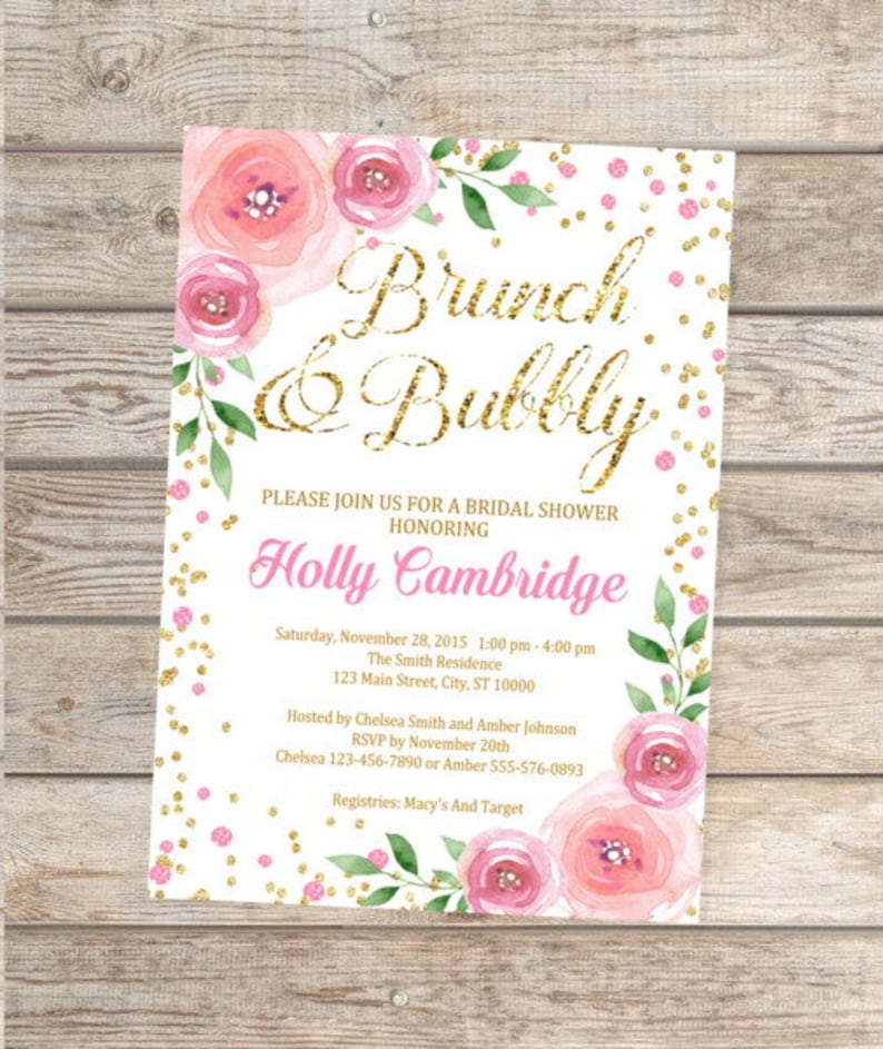 Brunch And Bubbly Bridal Shower Invitation, Watercolor Flowers And Pink And Gold Confetti Bridal Shower Invitations, Digital or Printed image 1