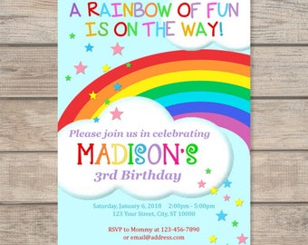 Rainbow Birthday Invitation, Colorful Rainbow Invites, Rainbow And Clouds Invitation, Rainbow Of Fun, Whimsical Rainbow Invitation