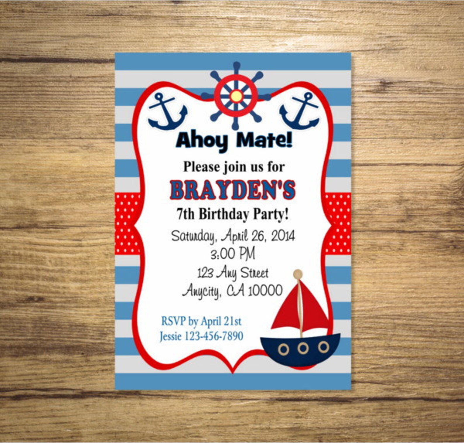 Nautical Invitation Printable Sail Boat Red and Blue Nautical Etsy