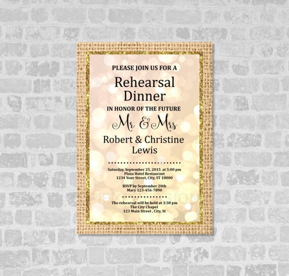 Neutral Elegant Rehearsal Dinner Invitation, Neutral Bokeh, Burlap and Gold (Digital) Glitter, Beige Rehearsal Dinner Invitation Il_570xn