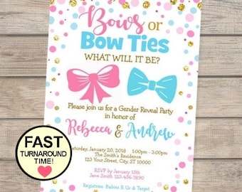 Bows Or Bow Ties Gender Reveal Invitation, Pink, Blue Gold Confetti Baby Shower Invitation, Pink And Blue Bows Or Bowties Invitations