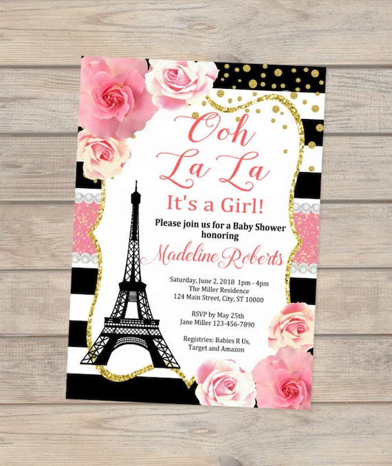 Paris Baby Shower Invitation, Eiffel Tower, Stripes And Flowers Girl Baby Shower Invitation, French Baby Shower Invitation for Baby Girl Il_570xn