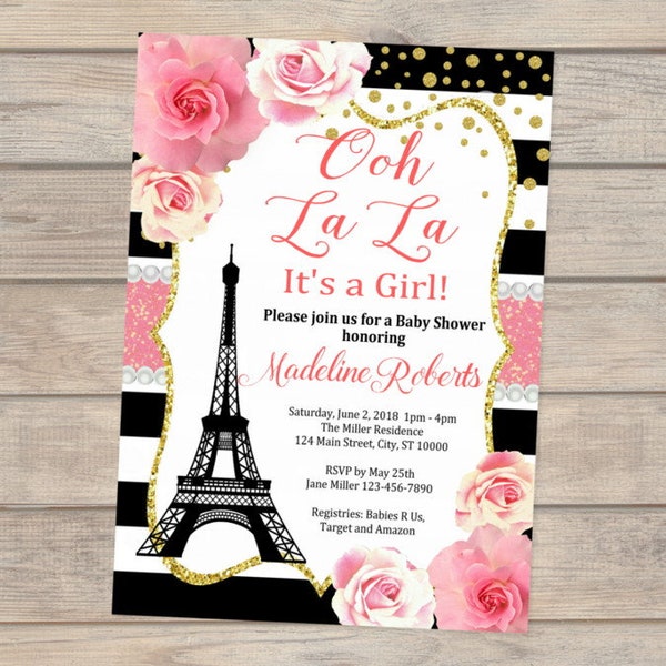Paris Baby Shower Invitation, Eiffel Tower, Stripes And Flowers Girl Baby Shower Invitation, French Baby Shower Invitation for Baby Girl