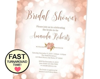 Rose Gold Bridal Shower Invitation, Custom Personalized  Blush Floral Bridal Shower Invite, Bokeh Sparkle Wedding Shower Invitation